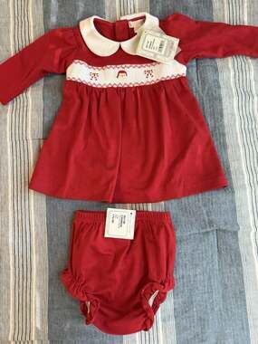 Kissy Kissy Premier Hand Smocked Dress & Blommers Christmas Red 3-6 months NWT